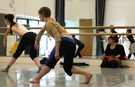 Dancers Neus Gil Cortés and Eleesha Drennan run through The Grammar of Silence, watched by Itzik Galili's assistant Helena Volkov. Photo: Roy Campbell-Moore