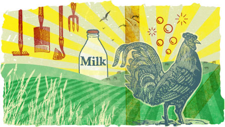 Illustration showing cockerel, milk bottle and farm implements 