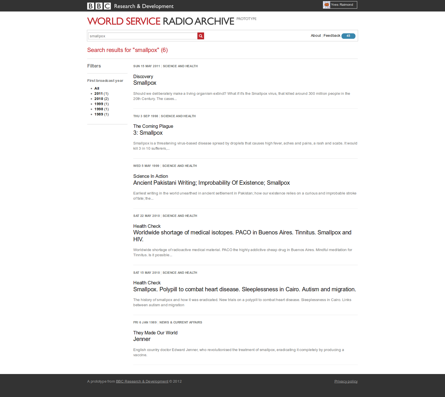 Search results for 'smallpox' in the World Service archive prototype