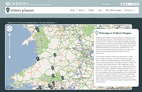 Screen grab of Academi's Writers' Plaques website
