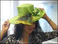 Jennifer showing off a hat in the BBC Radio Berkshire studio