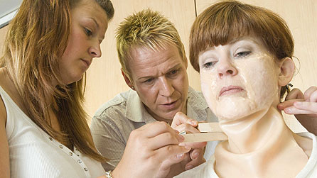 Joanne Malin with special effects team Iain Burton-Legge and assistant Toni Baker applying make-up