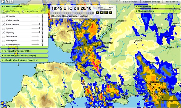 The Met Office rainfall radar continues to show two distinct areas of wet weather this evening across the West Country (Photo: via Met Office MBS System)