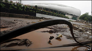 Debris outside a Commonwealth Games stadium in Delhi