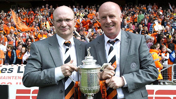 Dundee United chairman Stephen Thompson (l) has warned that there will be cuts made to manager Peter Houston's budget next season. Photo: SNS
