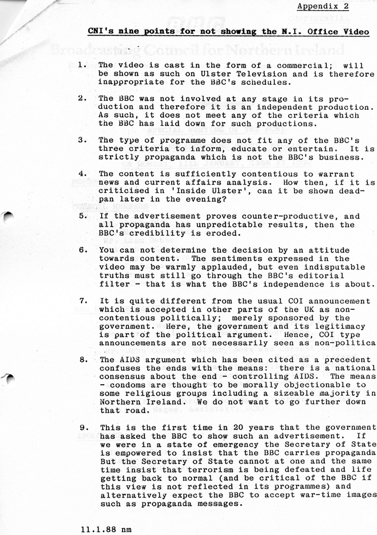 Extract of Minutes from Broadcasting Council Northern Ireland. CNI's nine points not for showing the N.I Office Video. 11th January