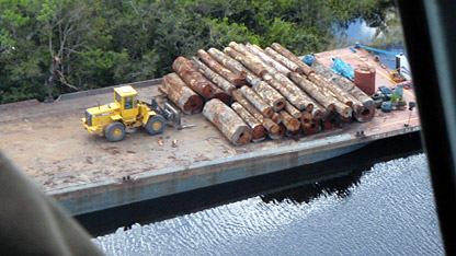 Aerial shot of a logging barge
