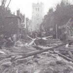 1945 German V2 Rocket Disaster in HighBridge Street in Waltham Abbey, Essex. (Waltham Abbey Church in the background)