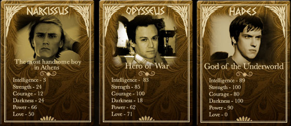 Narcissus, Odysseus and Hades info cards