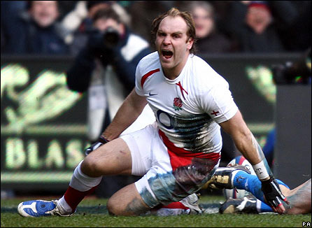 Andy Goode celebrates his try for England