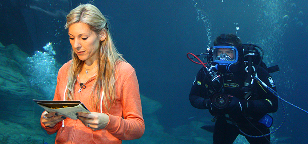 Naomi Wilkinson reading cue cards with Steve Backshall scuba diving in the background