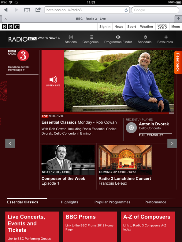 Radio3 homepage on iPad in portrait - showing how content boxes rearrange to suite the orientation, from a column on the right hand side to a row on the bottom.