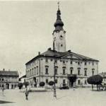 Politschka, Czecho-Slovakia. A view taken in the middle of the town showing Rathaus (Town Hall) and church that lies on the extreme left.