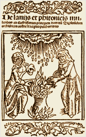 15th century woodcut showing witches around a cauldron and fire, making hail fall