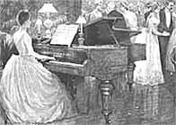 Black and white illustration of woman playing a piano to party guests