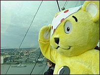 Pudsey looking at the view from the Spinnaker Towe
