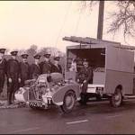 A.F.S. Fire Tender. From left; Bill Bannister (Acting Leading Fireman), Don Campbell, Charlie Walter, Bill Weller, Albert Wickham, Frank Hill, Charlie Wickham, Frank Ridley (Garage Owner), Joe Ridley and 'mascot' Frank's Dog, Toby.