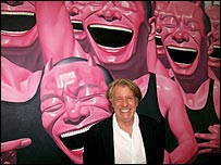 Frank Cohen in front of 'Between Man and Animal'