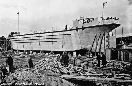 A concrete ship under construction in the Warrenpoint shipyard - circa 1919. (Picture copyright of Ulster Museum - MAGNI)
