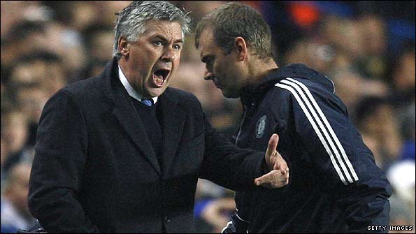 Carlo Ancelotti shouts intructions from the touchline
