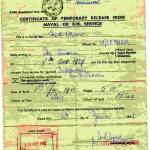 Discharge Paper releasing Frederick oliver to go back to Hulls fishing Fleet after a service period from 8th October 1939 - 15th June 1945