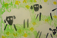 ŵyn yn barod i brancio gan Jasmine, Jake, Tom a Sophie.