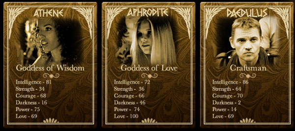 Athene, Aphrodite and Daedulus info cards