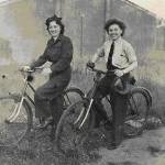 Lilian Clark and friend Madge outside the Nissan hut at RAF Metheringham which was home during 1944