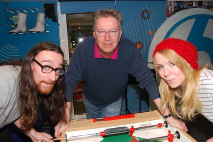 Chris and Helen from Los join Tom for a game of table football