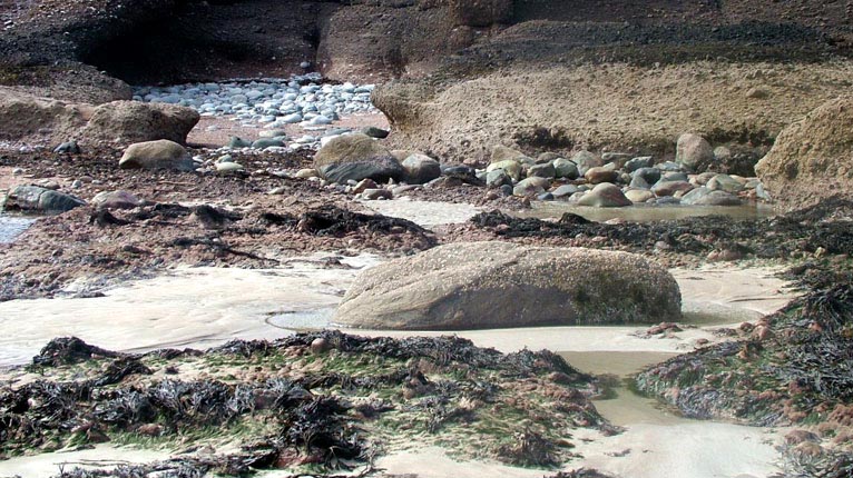 Clachan agus feamainn air Tràigh Chuil, Eilean Leòdhais