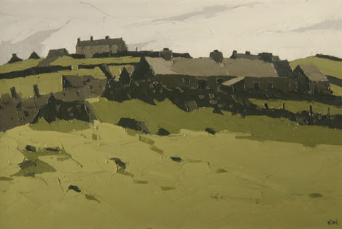 Sir Kyffin Williams' oil on canvas - Cottages, Cesarea. Photo courtesy of Rogers Jones & Co