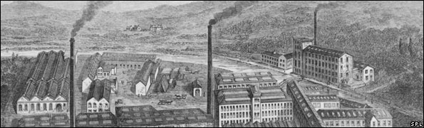 Engraving of an aerial view of Clarks Anchor Thread Works at Paisley near Glasgow, Britain, during the 1880s
