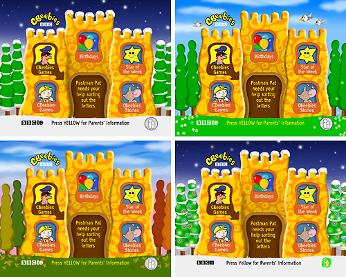 Different versions of the CBeebies homepage on Sky