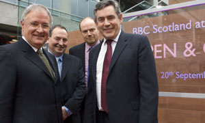 (L-R) Sir Michael Lyons, Ken MacQuarrie, Mark Thompson and Prime Minister Gordon Brown at opening of BBC Scotland's new headquarters at Pacific Quay, Glasgow