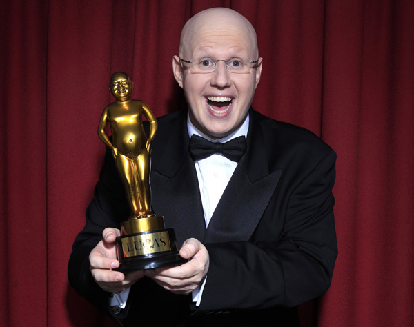 Matt Lucas holding a Lucas Award