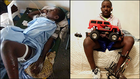 Hans in Haiti after the earthquake (left). Hans in Florida (right)