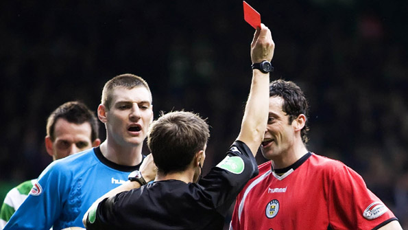 Jack Ross is sent off by Crawford Allan at Celtic Park in 2009 while playing for St Mirren. Photo: SNS