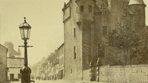 Black and white view of Maybole Castle.