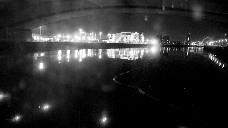 A view from the Renfrew Ferry under the River Clyde, under the Kingstin Bridge.