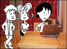 Tim and Alice looking over Helen's shoulder as she sits at her laptop