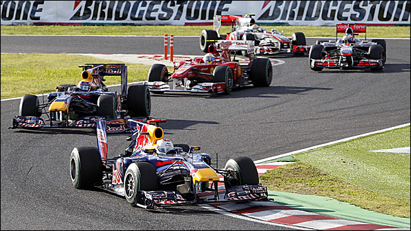The five title contenders line astern at the Japanese Grand Prix