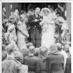 Ivor Warren and Margaret "Peggy" Warren outside Fuller Baptist Church on their wedding day, VJ Day 1945 (15th August).