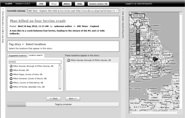 To the left: a story about a crash in Milton Keynes. To the right; Milton Keynes is marked in a map of the UK automatically.
