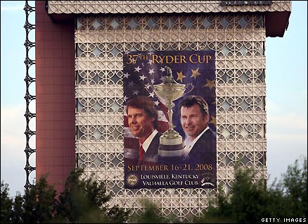 A Ryder Cup sign with team captains Paul Azinger and Nick Faldo hangs on the side of the Kaden Building in Louisville