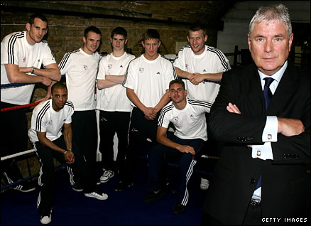 Seven of Team GB's boxers with coach Terry Edwards