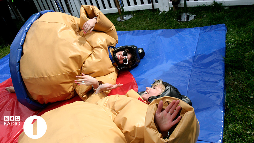 Annie Mac and Sara Cox in sumo suits