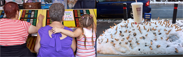 A composite of two entries. Women and young daughter at a bingo stall. Mound of snow turned into a cigarette stub out bin.