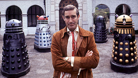 Terry Nation surrounded by Daleks