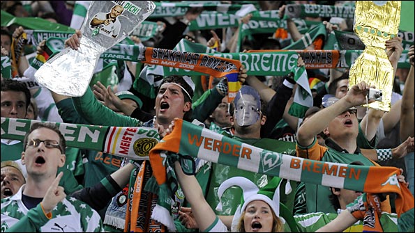 Werder Bremen fans cheer on their team in the Uefa Cup final