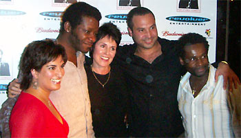 left to right Mina Anwar (judge), Stephen K Amos, Jennifer Lee Pryor, Ahmed Ahmed, Junior Simpson, who hosted the event